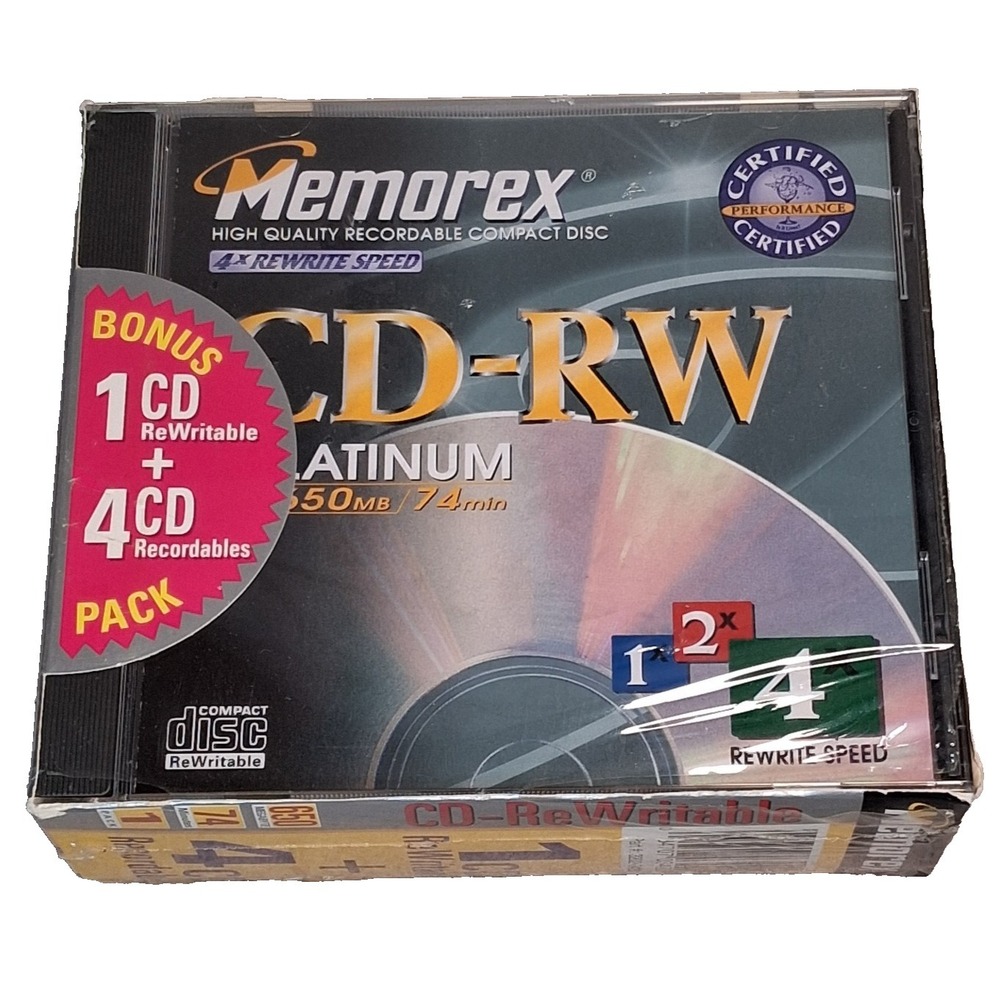 Memorex 5 Pack CD-RW Platinum + CD-R 650MB 74min Blank Media NOS 3202-3420